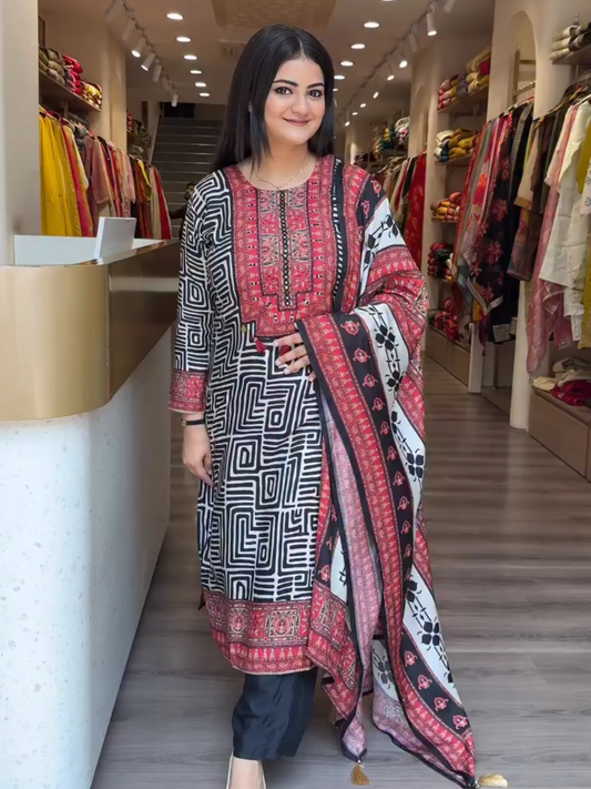 Trendy Black & Red Geometric Printed Salwar Kameez with Matching Dupatta