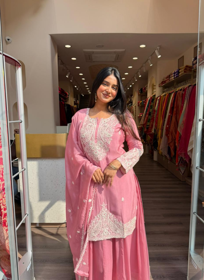 Women Blush Pink Embroidered Kurta Set with Dupatta | Festive & Wedding Wear