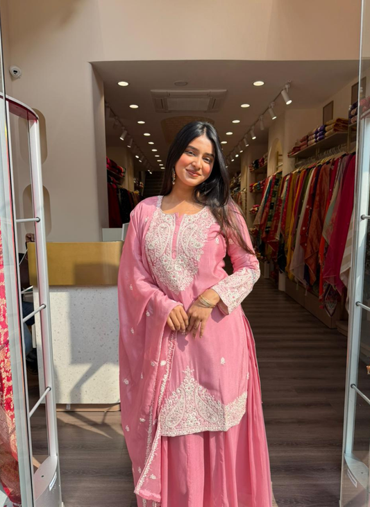 Women Blush Pink Embroidered Kurta Set with Dupatta | Festive & Wedding Wear