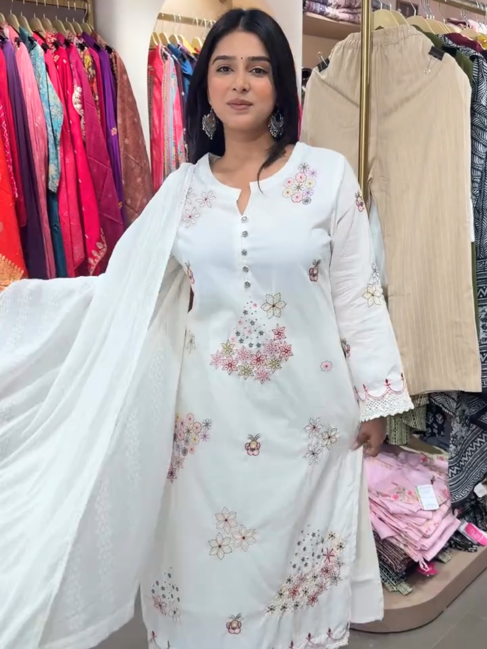 Elegant White Floral Embroidered Kurta Set with Dupatta – Women's 3 Piece Ethnic Suit Set