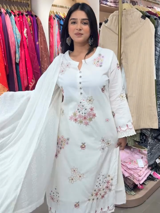 Elegant White Floral Embroidered Kurta Set with Dupatta – Women's 3 Piece Ethnic Suit Set