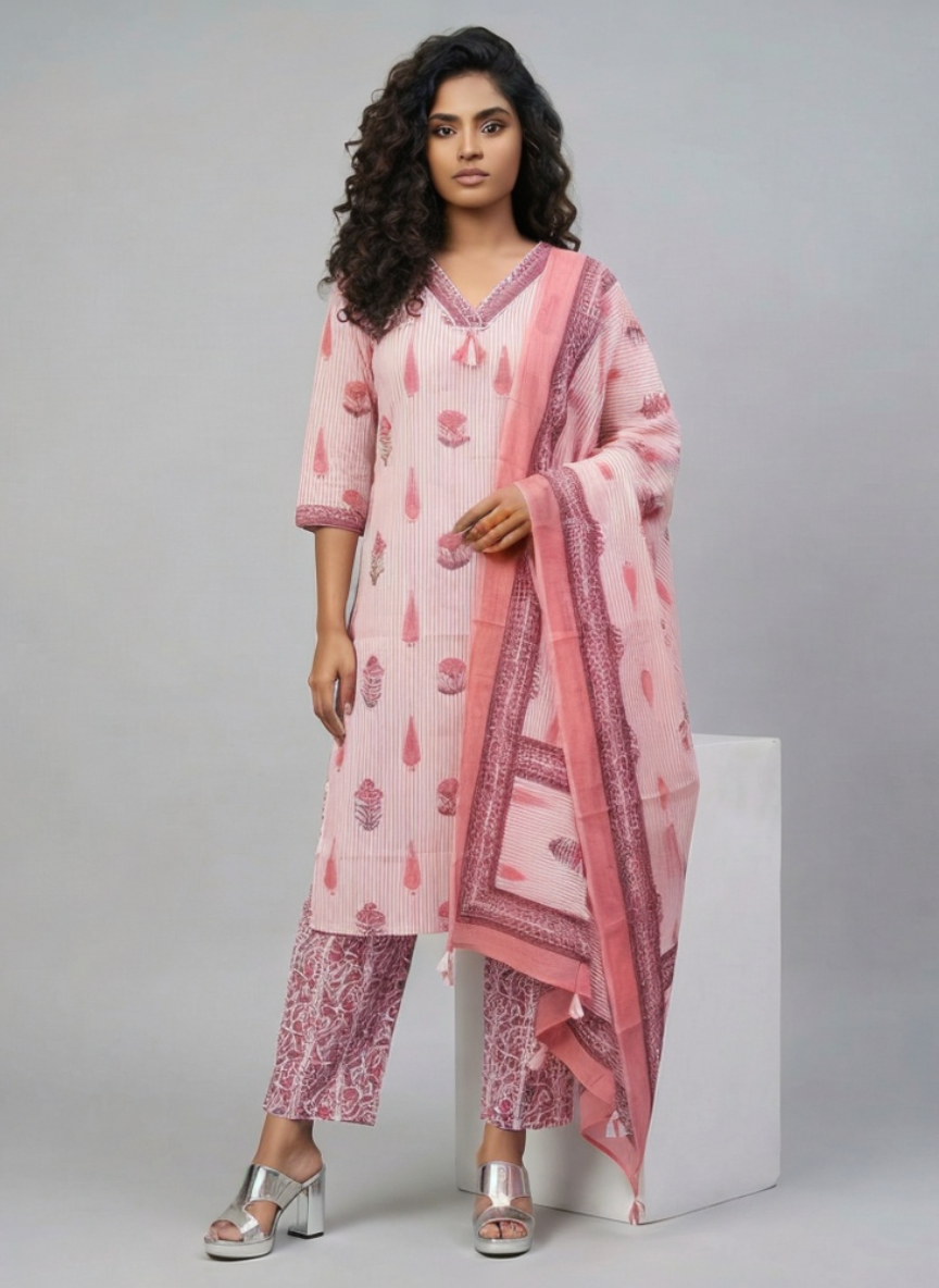 Women Pink Printed Cotton Kurta Pant Dupatta Set