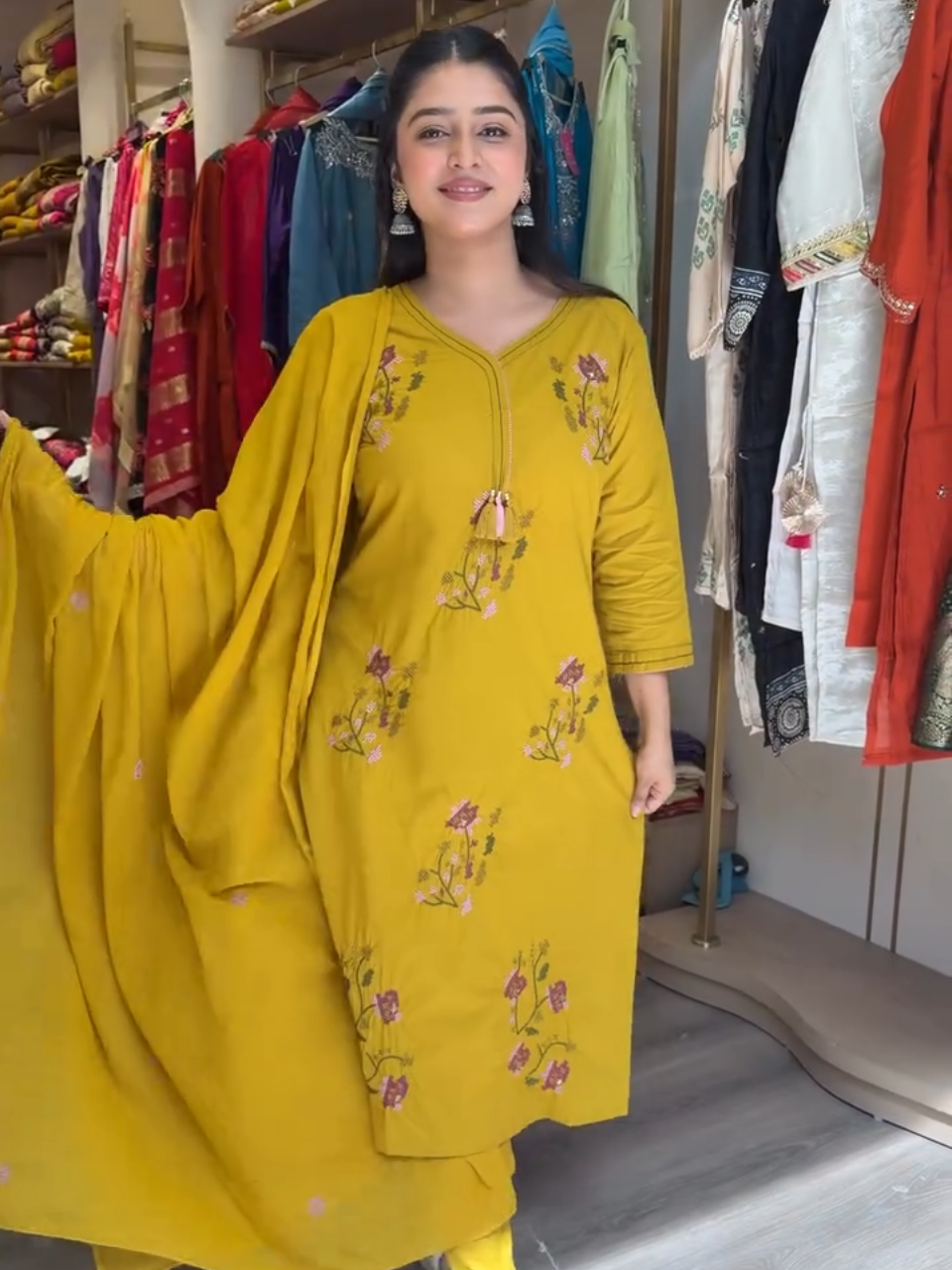Mustard Yellow Embroidered Kurta Pant Dupatta Set for Women
