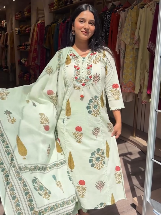 Elegant Sage Green Floral Printed Kurta Pant Set with Dupatta for Women