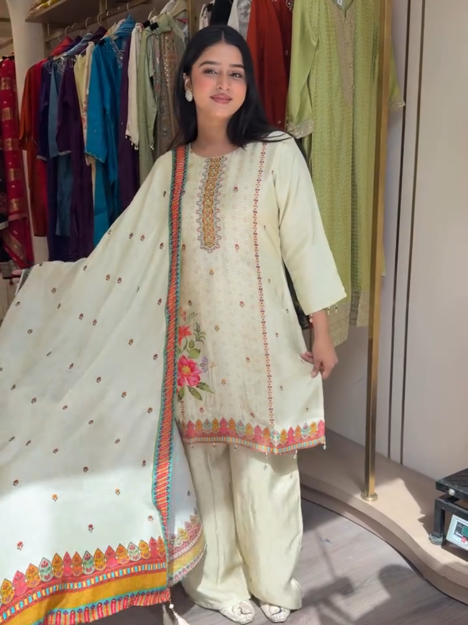 Ivory Floral Embroidered Kurta Palazzo Set with Printed Dupatta for Women