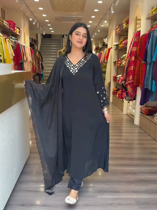 Elegant Black Mirror Work Kurta Set with Dupatta for Women