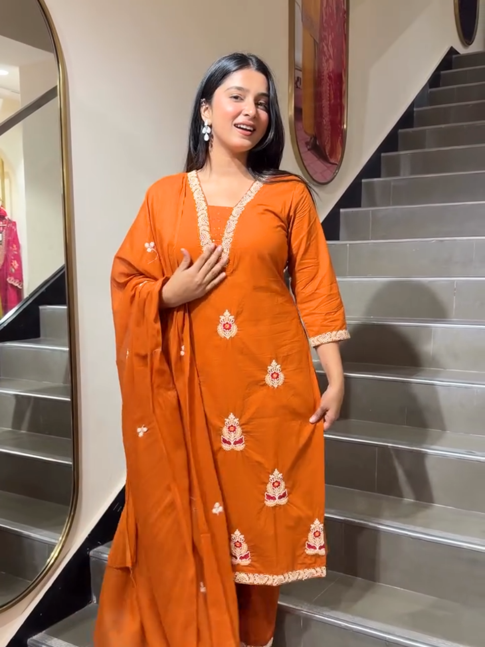 Burnt Orange Embroidered Kurta Set with Dupatta for Women | Festive Ethnic Wear