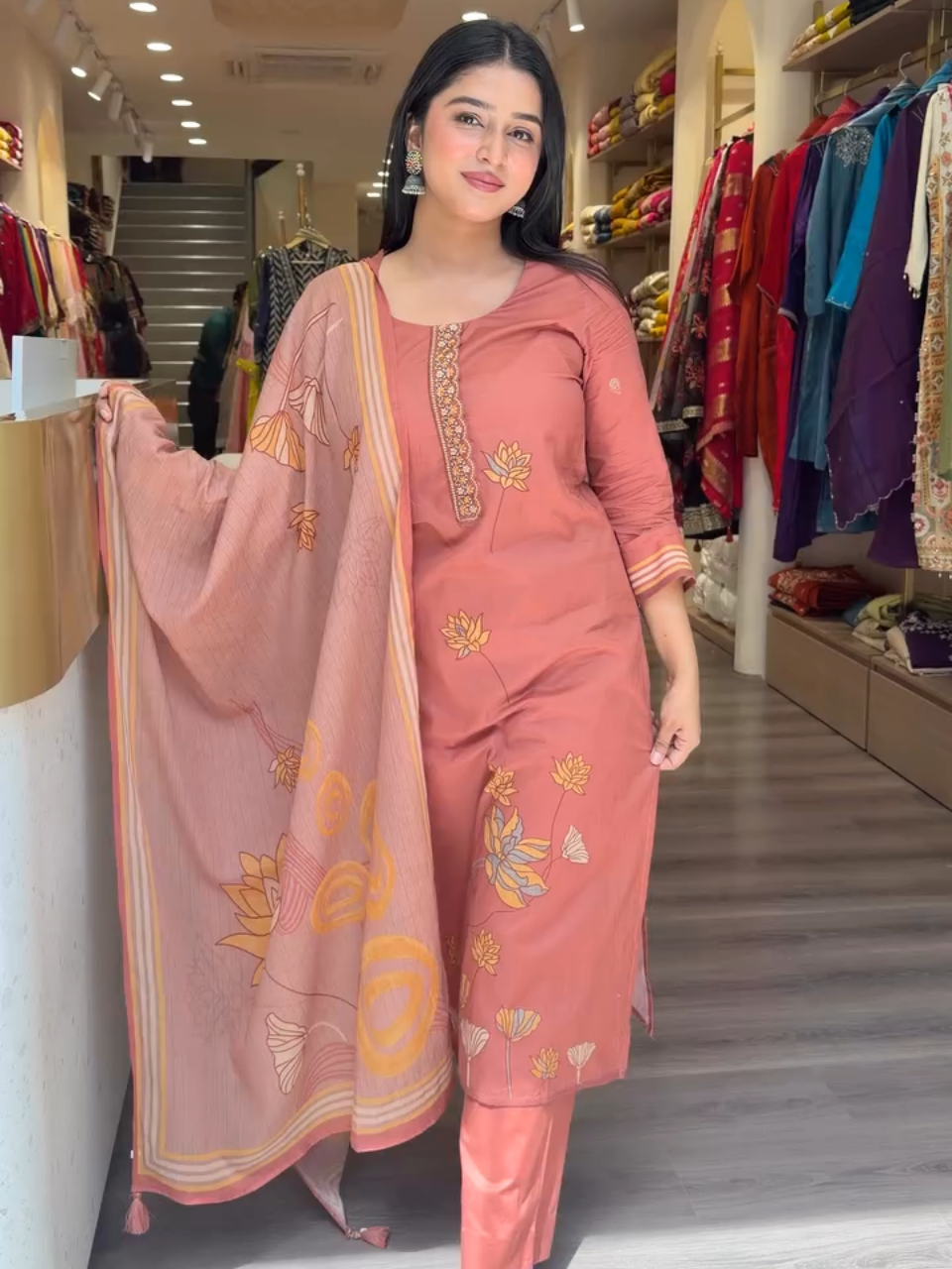 Rust Pink Floral Printed Suit with Dupatta for Women
