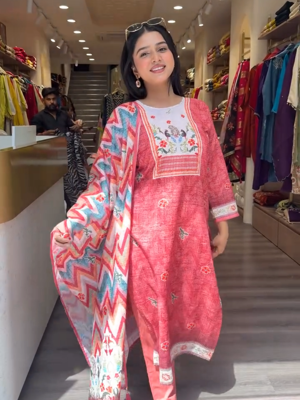 Red Printed Kurta Set with Chevron Dupatta for Women | Festive Ethnic Wear