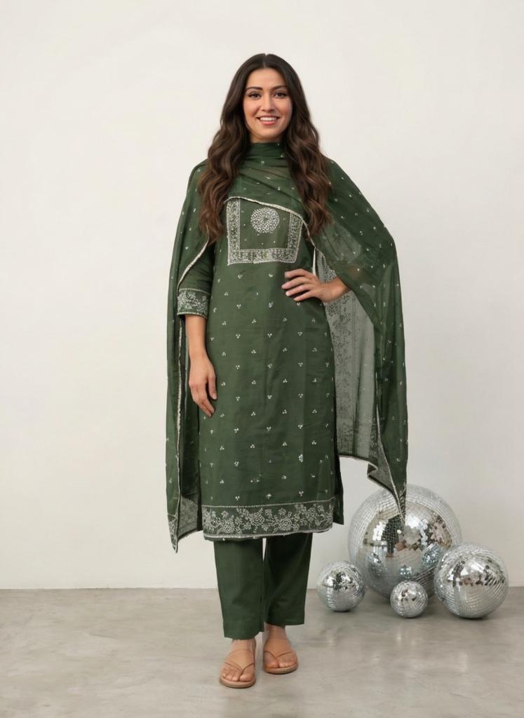 Women Dark Green Printed Cotton Kurta Pant Dupatta Set