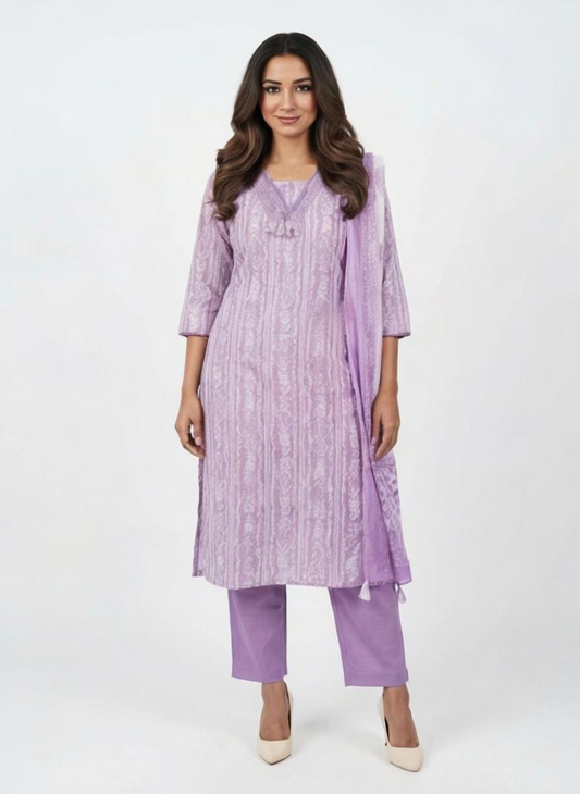 Lavender Printed Kurta Set with Dupatta for Women | Elegant Ethnic Kurti Pant Set | Festive & Office Wear