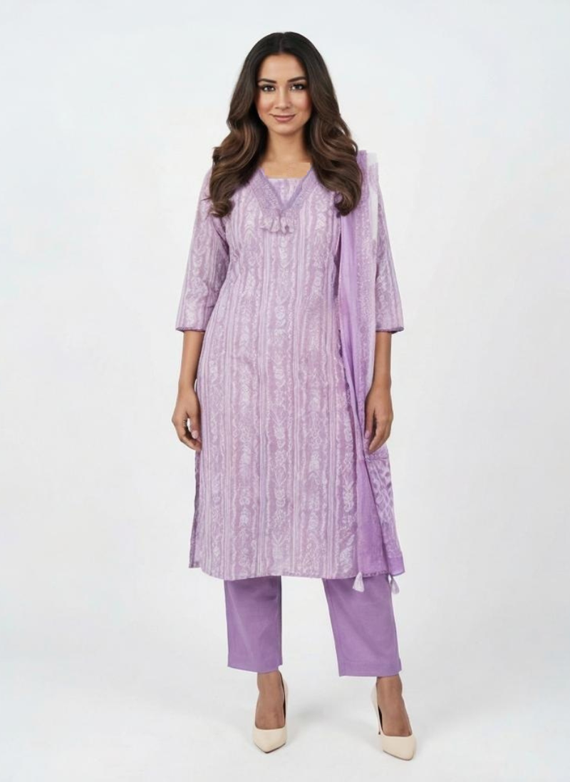Lavender Printed Kurta Set with Dupatta for Women | Elegant Ethnic Kurti Pant Set | Festive & Office Wear