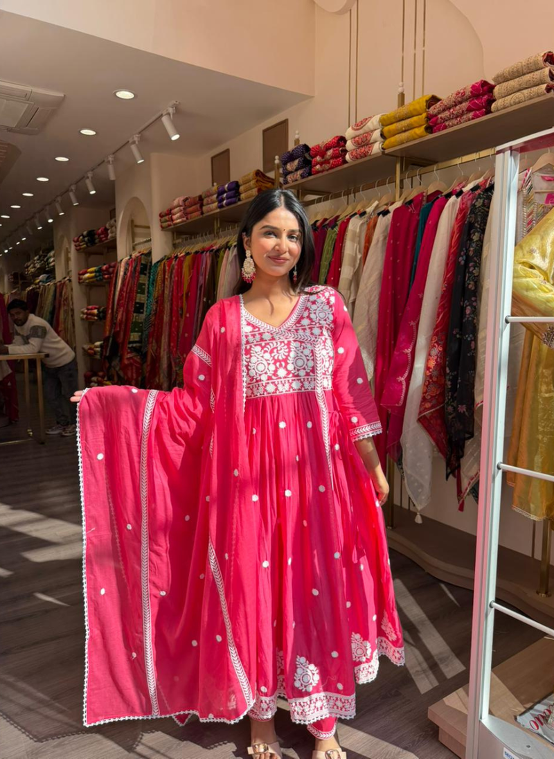 Women Hot Pink Embroidered Anarkali Kurta Set with Dupatta | Festive Wear