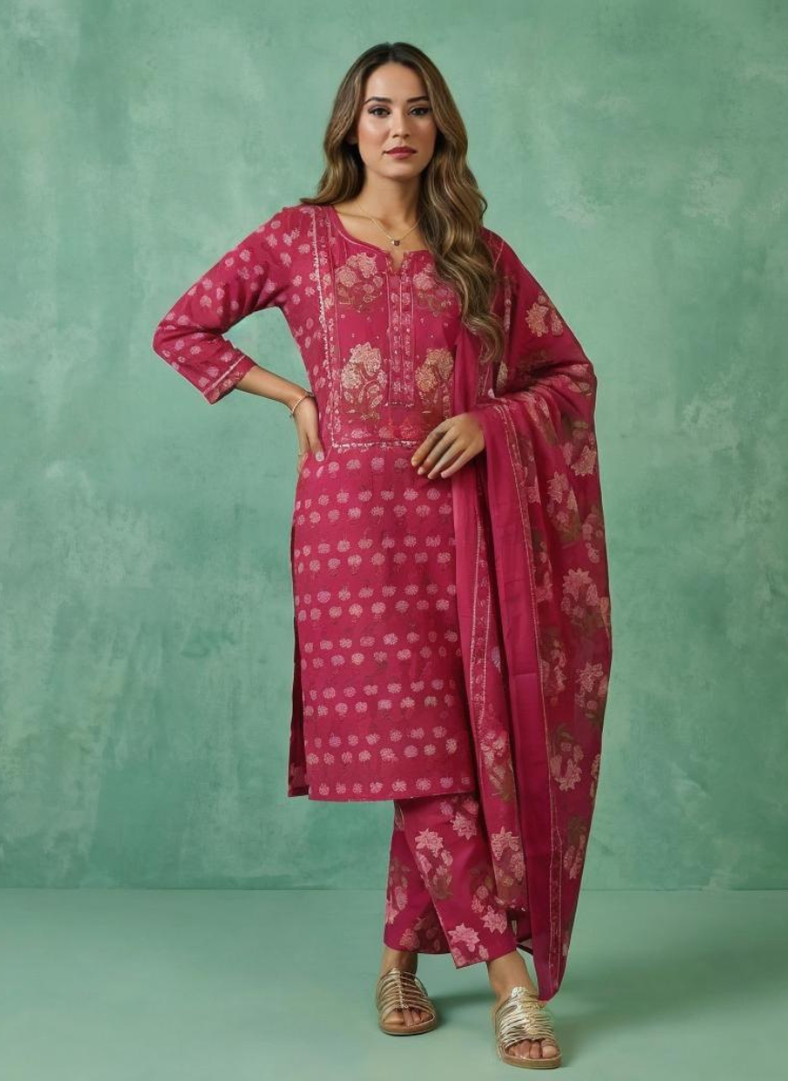 Women Rani Pink Printed Cotton Kurta Pant Dupatta Set