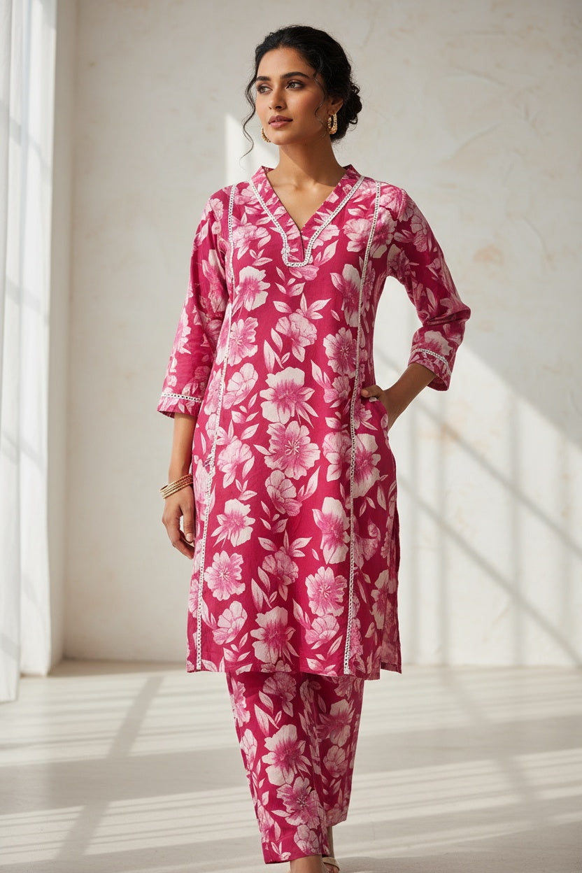 Women’s Pink Floral Cotton Co-ord Set – Kurti & Pant