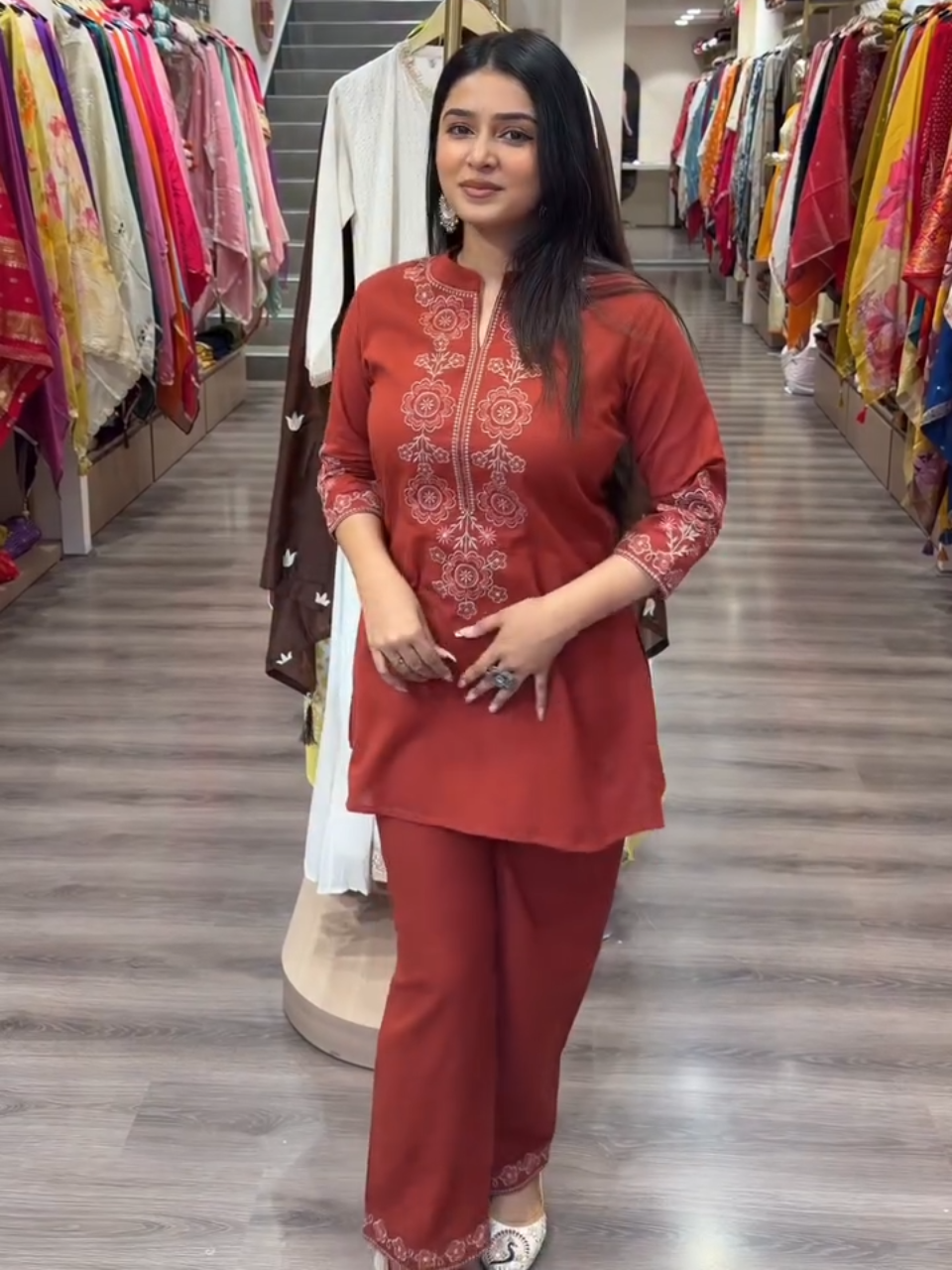 Rust Red Embroidered Kurta Pant Set for Women | Elegant Festive Ethnic Wear