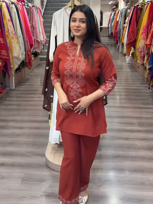 Rust Red Embroidered Kurta Pant Set for Women | Elegant Festive Ethnic Wear