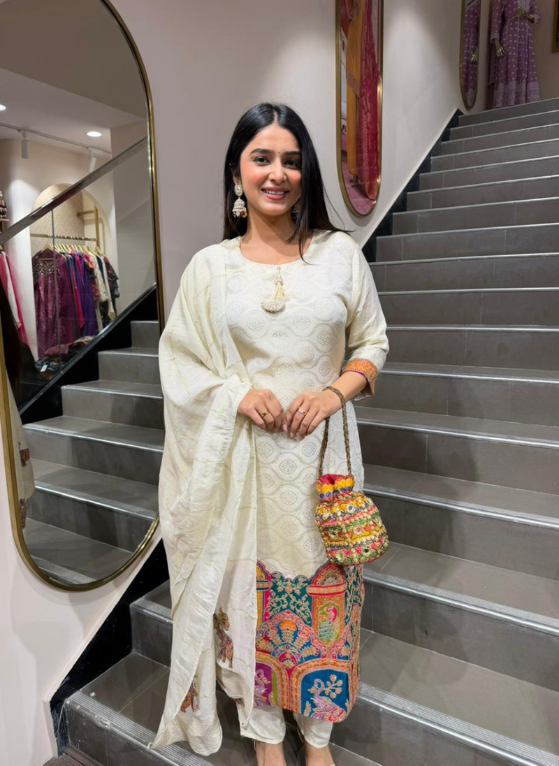 Women’s Off-White Embroidered Kurti with Pants & Dupatta | Festive Ethnic Wear Set