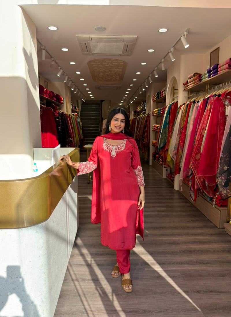 Women Red Solid Kurta Set with Embroidered Neckline & Dupatta | Festive Ethnic Wear