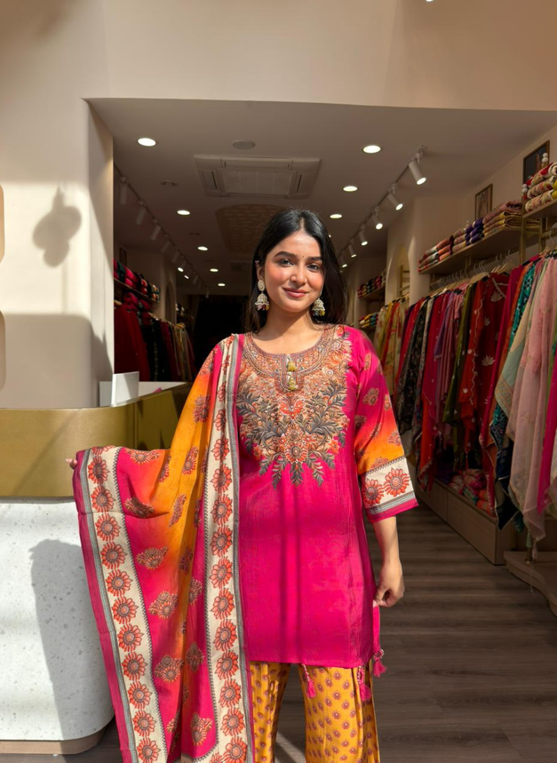 Women Pink Embroidered Kurta Pant Set with Printed Dupatta