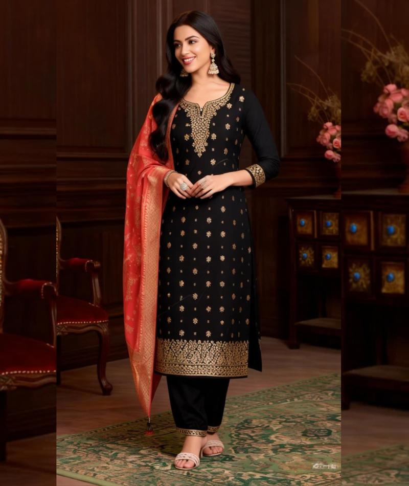 Women Black Embroidered Kurta Pant Set with Red Dupatta | Festive Ethnic Wear Suit