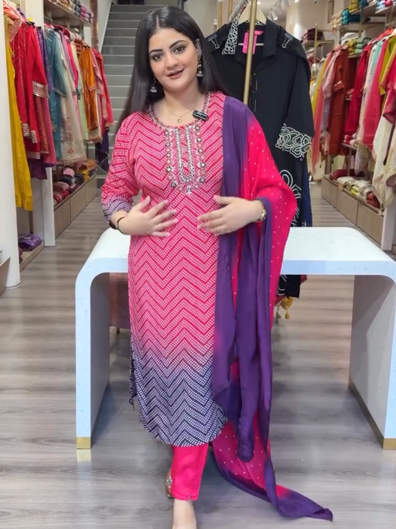 Elegant Pink & Purple Ombre Geometric Kurti with Dupatta