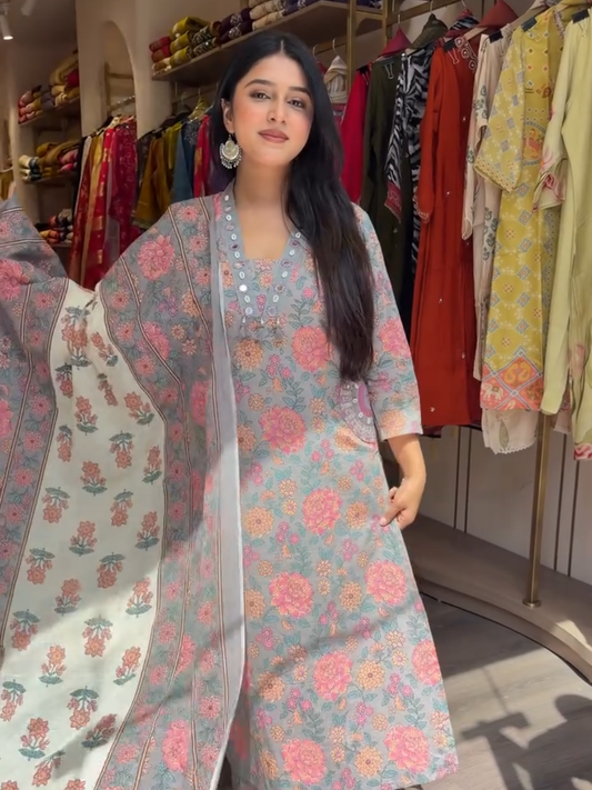 Pastel Grey Floral Printed Cotton Kurta Set with Dupatta for Women