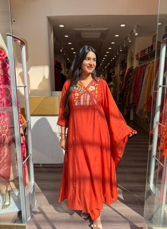 Women Rust Orange Embroidered Anarkali Kurta | Festive Ethnic Wear for Women