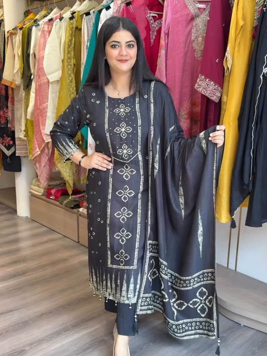 Black Embroidered Ethnic Suit with Dupatta for Women