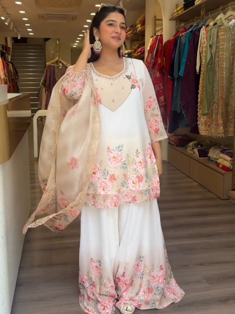Elegant White Floral Printed Sharara Suit Set for Women