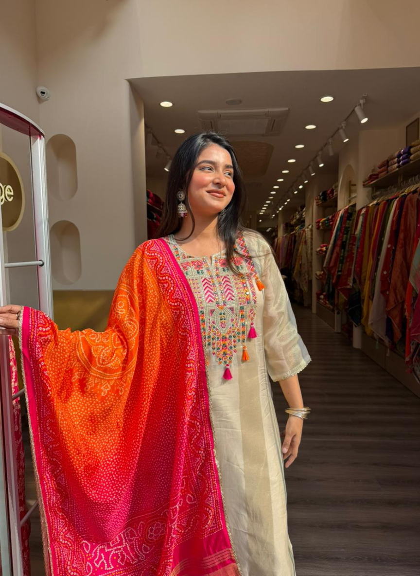 Women Off White Embroidered Kurta Set with Bandhani Dupatta | Festive Ethnic Wear