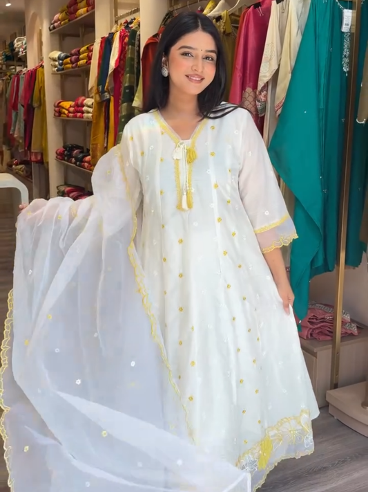 White & Sunshine Yellow Embroidered Kurta Set with Dupatta – Women's 3 Piece Ethnic Suit Set