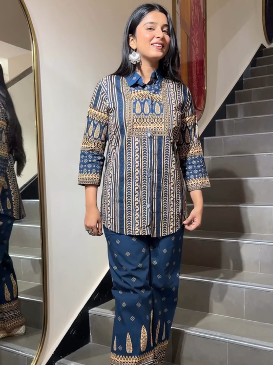 Midnight Blue Ethnic Printed Co-Ord Set for Women