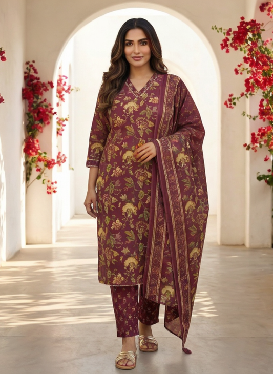 Purple Floral Printed Straight Kurta Pant Set with Dupatta for Women