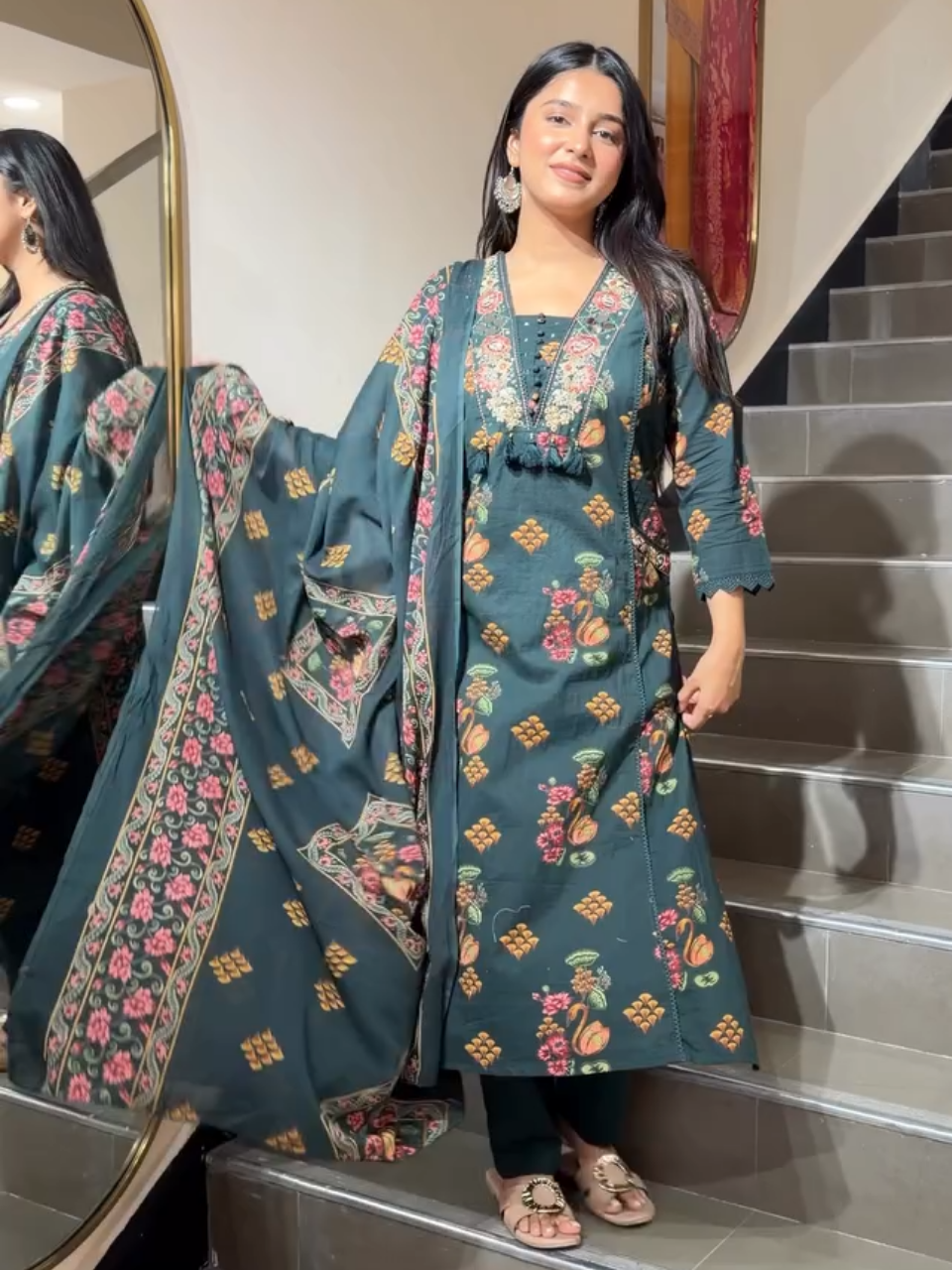 Elegant Dark Green Floral Printed Suit with Dupatta for Women