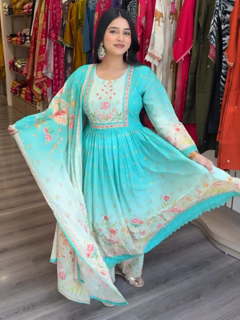 Sky Blue Floral Anarkali Cotton Kurta Set with Dupatta for Women
