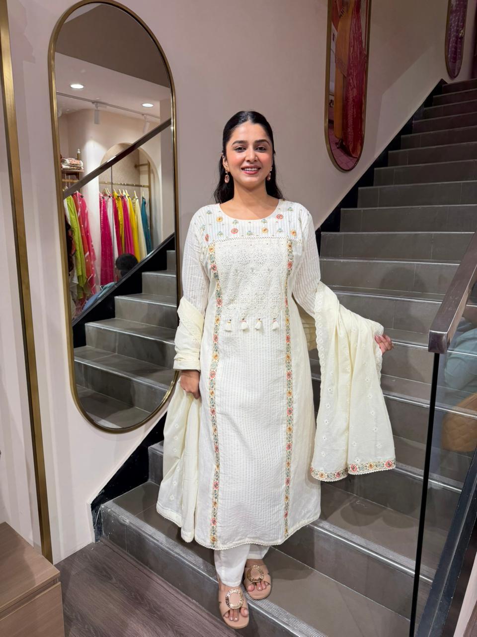 Ivory White Embroidered Kurta Set with Dupatta for Women | Elegant Ethnic Wear