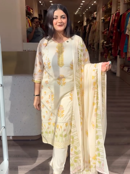 Cream Floral Printed Kurta Set with Dupatta for Women | Elegant Ethnic Wear