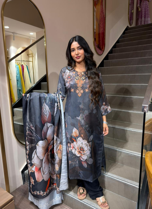 Dark Grey Floral Printed Straight Kurta Pant Set with Dupatta for Women