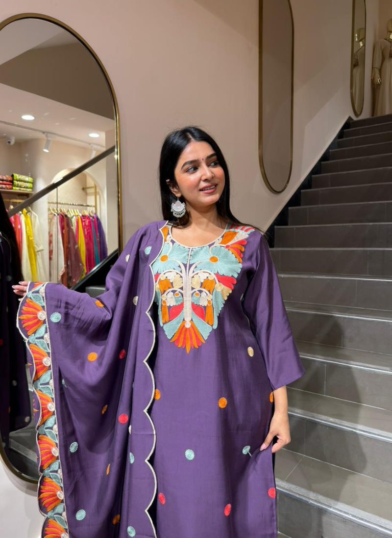 Women Purple Embroidered Kurta Pant Set with Designer Dupatta