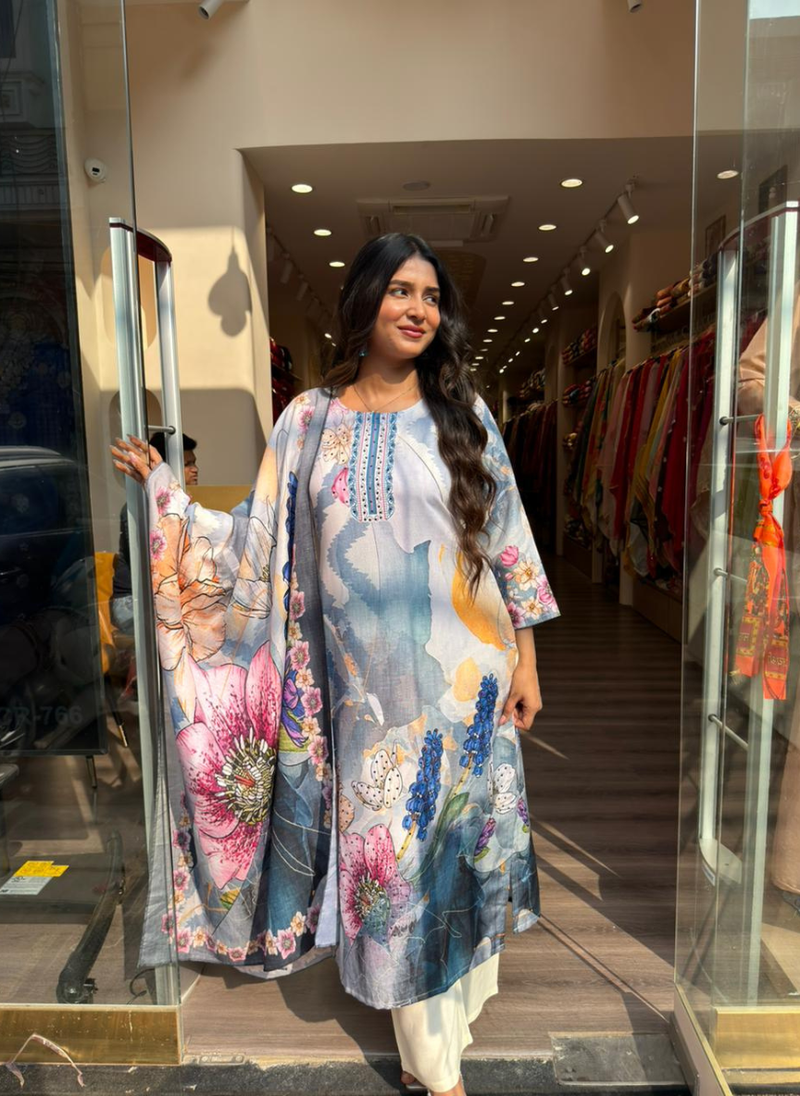 Sky Blue Abstract Floral Printed Straight Kurta Pant Set with Dupatta for Women