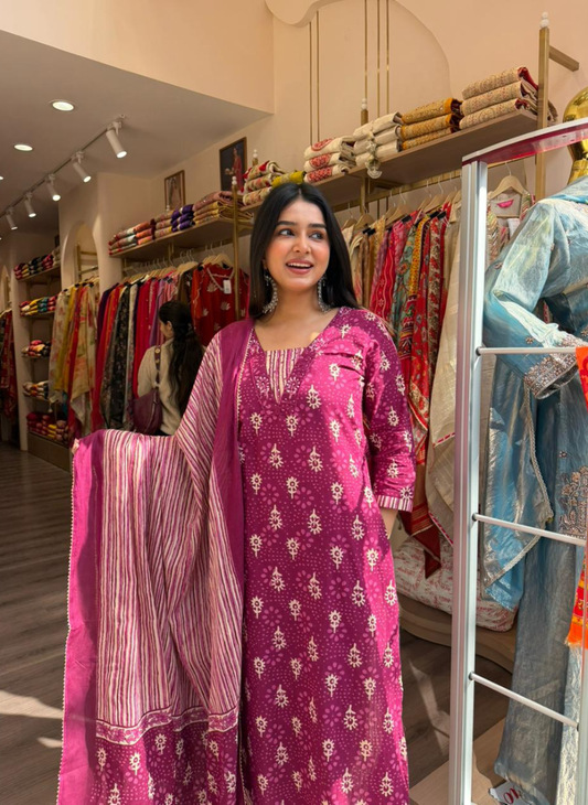 Women Magenta Printed Kurta Set with Striped Pants & Matching Dupatta
