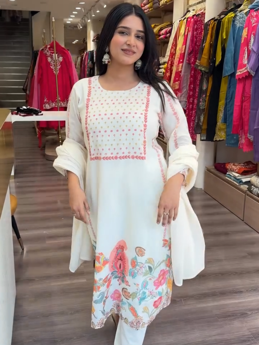 Off White Floral Printed Kurta Set for Women