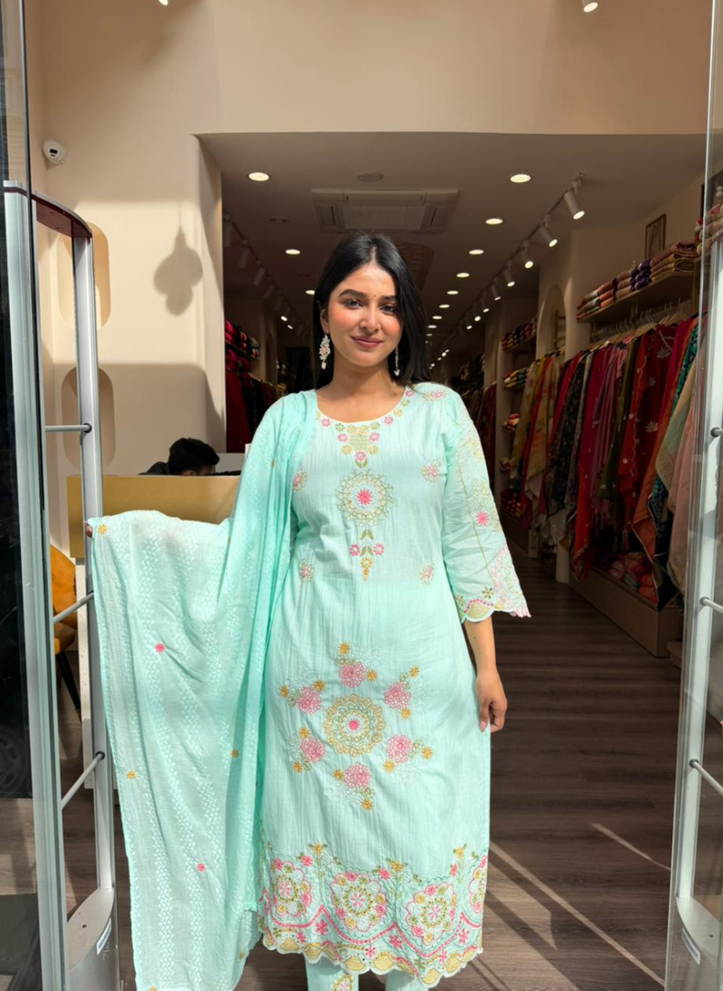 Women Mint Green Embroidered Kurta Set with Matching Dupatta