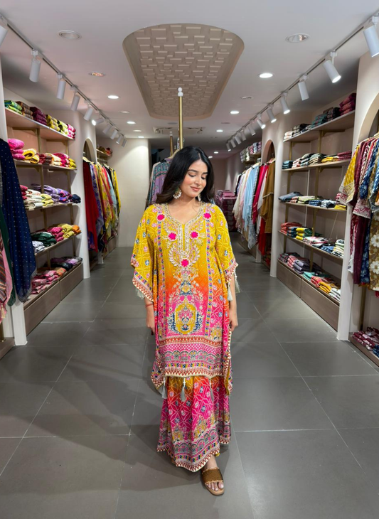 Women Yellow Multicolor Printed Kaftan Kurta Set with Palazzo | Festive Ethnic Wear