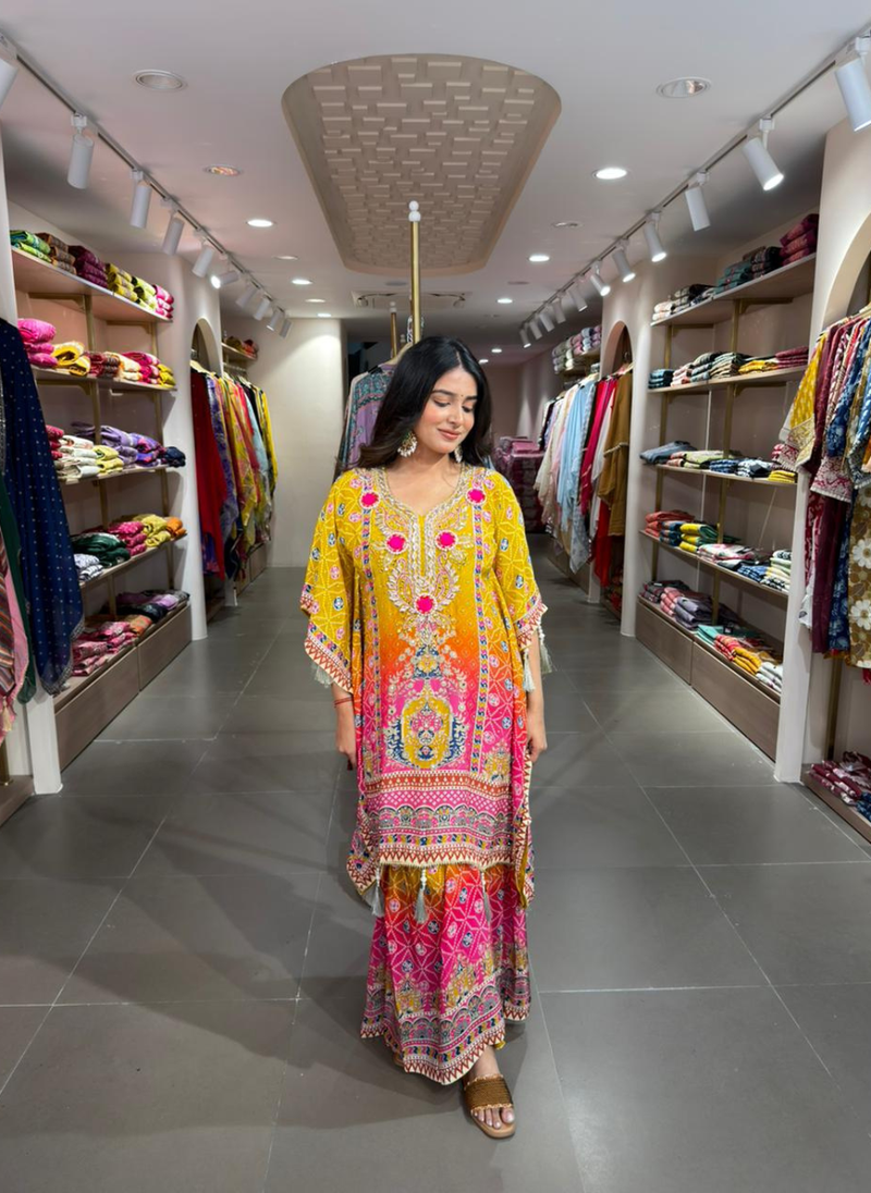 Women Yellow Multicolor Printed Kaftan Kurta Set with Palazzo | Festive Ethnic Wear