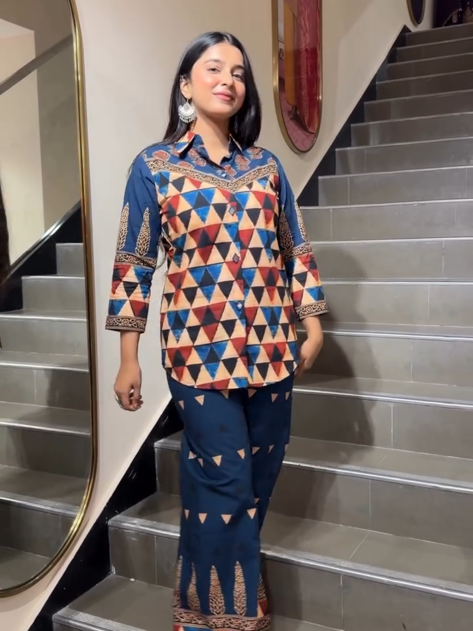 Navy Blue Geometric Printed Co-Ord Set for Women