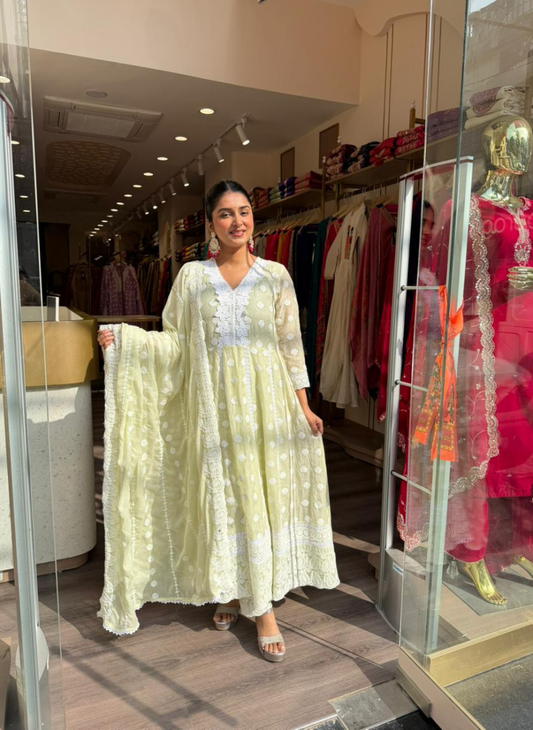 Pastel Green Chikankari Anarkali Kurta Set with Dupatta – Elegant Festive Wear