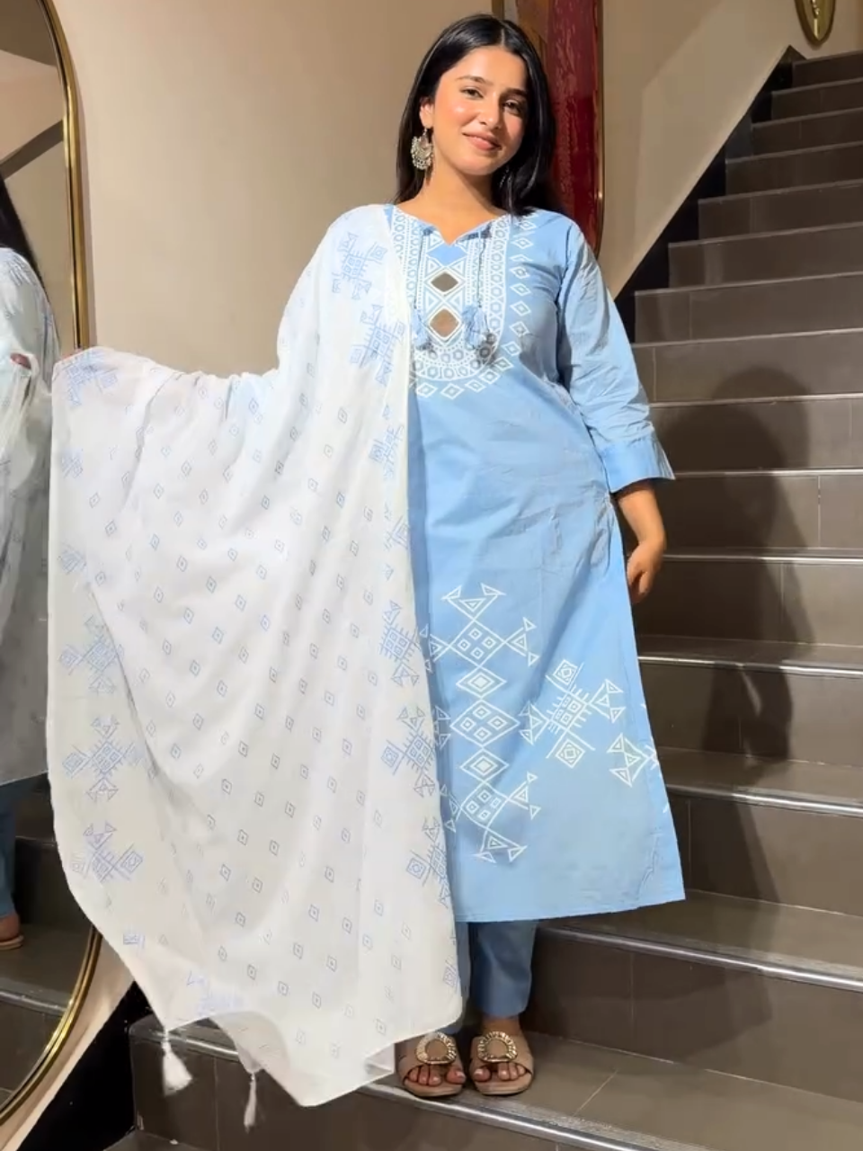 Elegant Sky Blue Printed Cotton Kurta Pant Set with Dupatta for Women