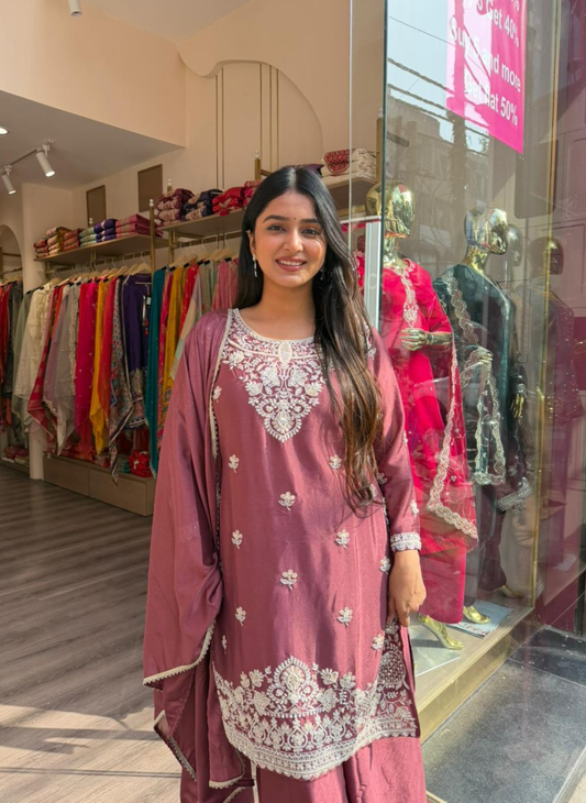 Women Mauve Embroidered Kurta Sharara Set with Dupatta | Festive & Party Wear Ethnic Suit